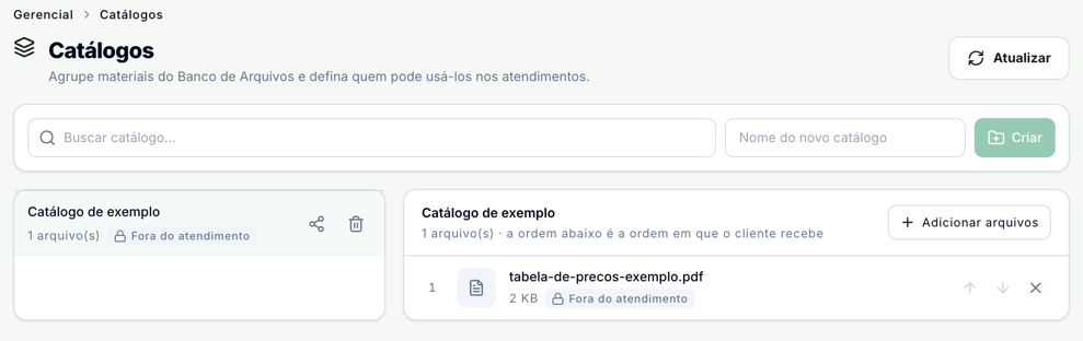 Tela Catálogos com o Catálogo de exemplo na lista, 1 arquivo, fora do atendimento, e aberto à direita com o aviso de que a ordem abaixo é a ordem em que o cliente recebe e o arquivo tabela-de-precos-exemplo.pdf na posição 1