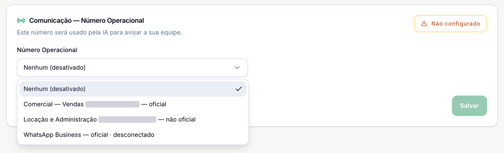 Bloco Comunicação — Número Operacional com o selo Não configurado e o seletor aberto: Nenhum (desativado), Comercial — Vendas, oficial, Locação e Administração, não oficial, e WhatsApp Business, oficial e desconectado, com os telefones cobertos