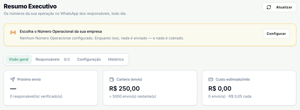 Resumo Executivo com o aviso Escolha o Número Operacional da sua empresa e o botão Configurar, as abas Visão geral, Responsáveis 0/3, Configuração e Histórico, e os cartões Próximo envio, Carteira (envio) e Custo estimado/mês