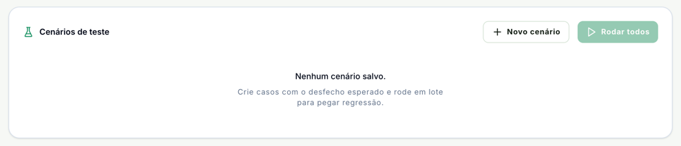 Seção Cenários de teste sem nenhum cenário salvo, com os botões Novo cenário e Rodar todos, este apagado, e a explicação Crie casos com o desfecho esperado e rode em lote para pegar regressão