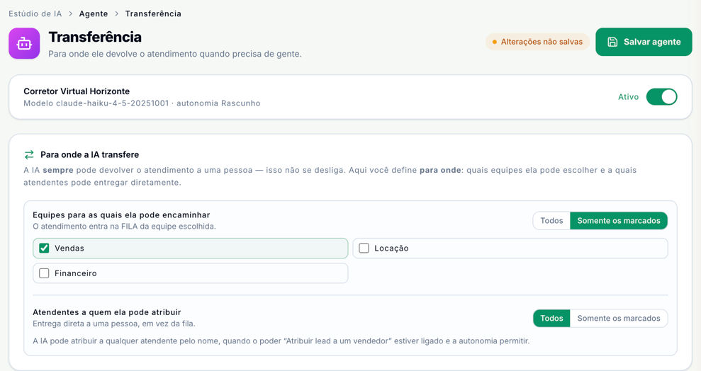 Tela Transferência com o aviso Alterações não salvas e o botão Salvar agente; no bloco Para onde a IA transfere, as equipes em Somente os marcados, com Vendas marcada, e os atendentes em Todos
