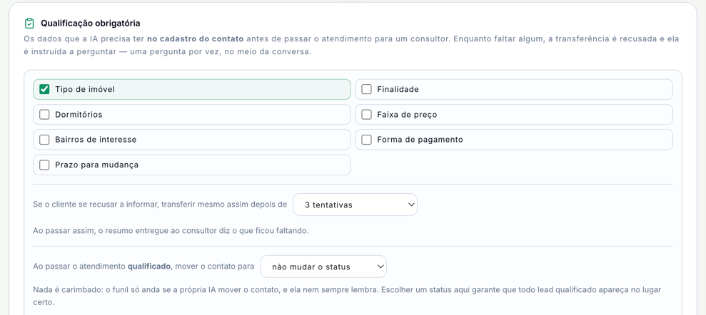 Bloco Qualificação obrigatória com Tipo de imóvel marcado, a opção transferir mesmo assim depois de 3 tentativas e a opção mover o contato para, em não mudar o status