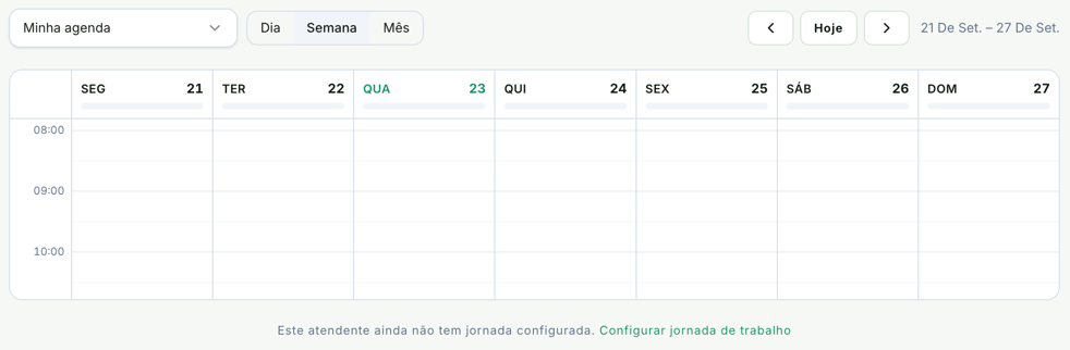 Semana de 21 a 27 de setembro em Minha agenda, sem faixa de expediente e sem ocupação no topo das colunas, e o aviso Este atendente ainda não tem jornada configurada, com o link Configurar jornada de trabalho