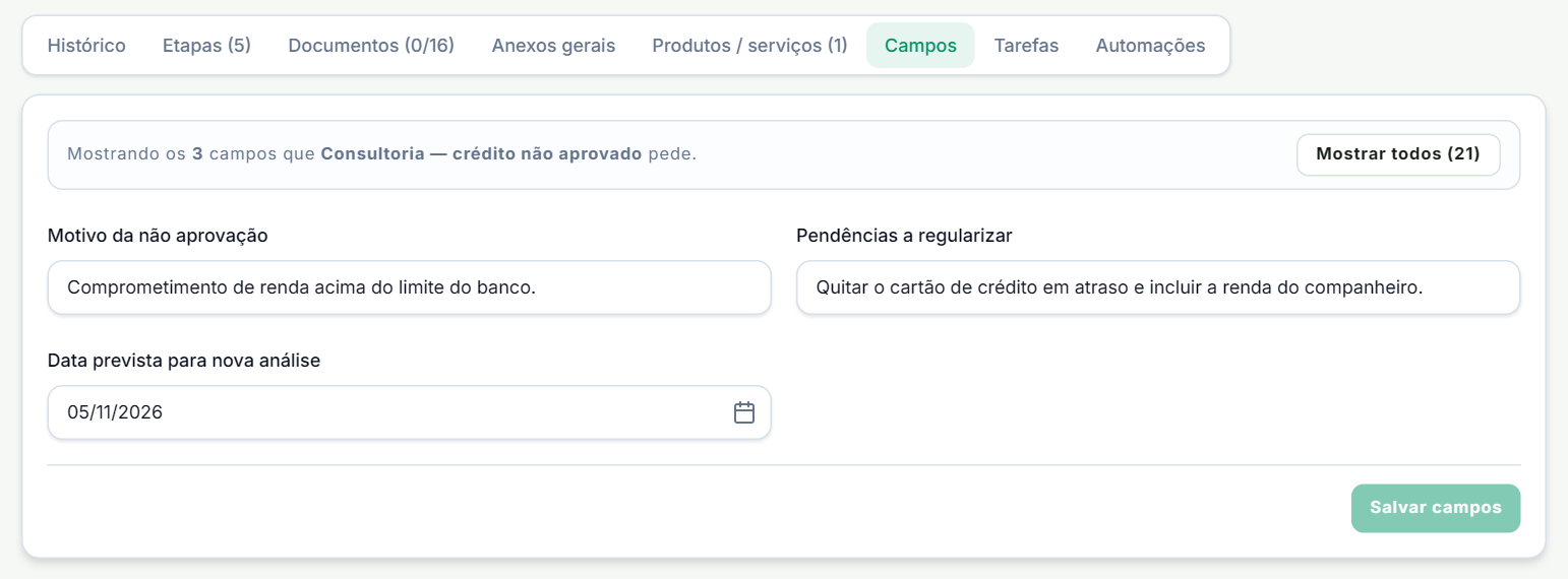 Aba Campos com os dados do processo