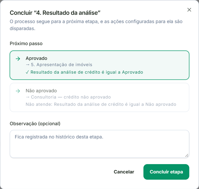 Janela Concluir etapa com o próximo passo e a observação