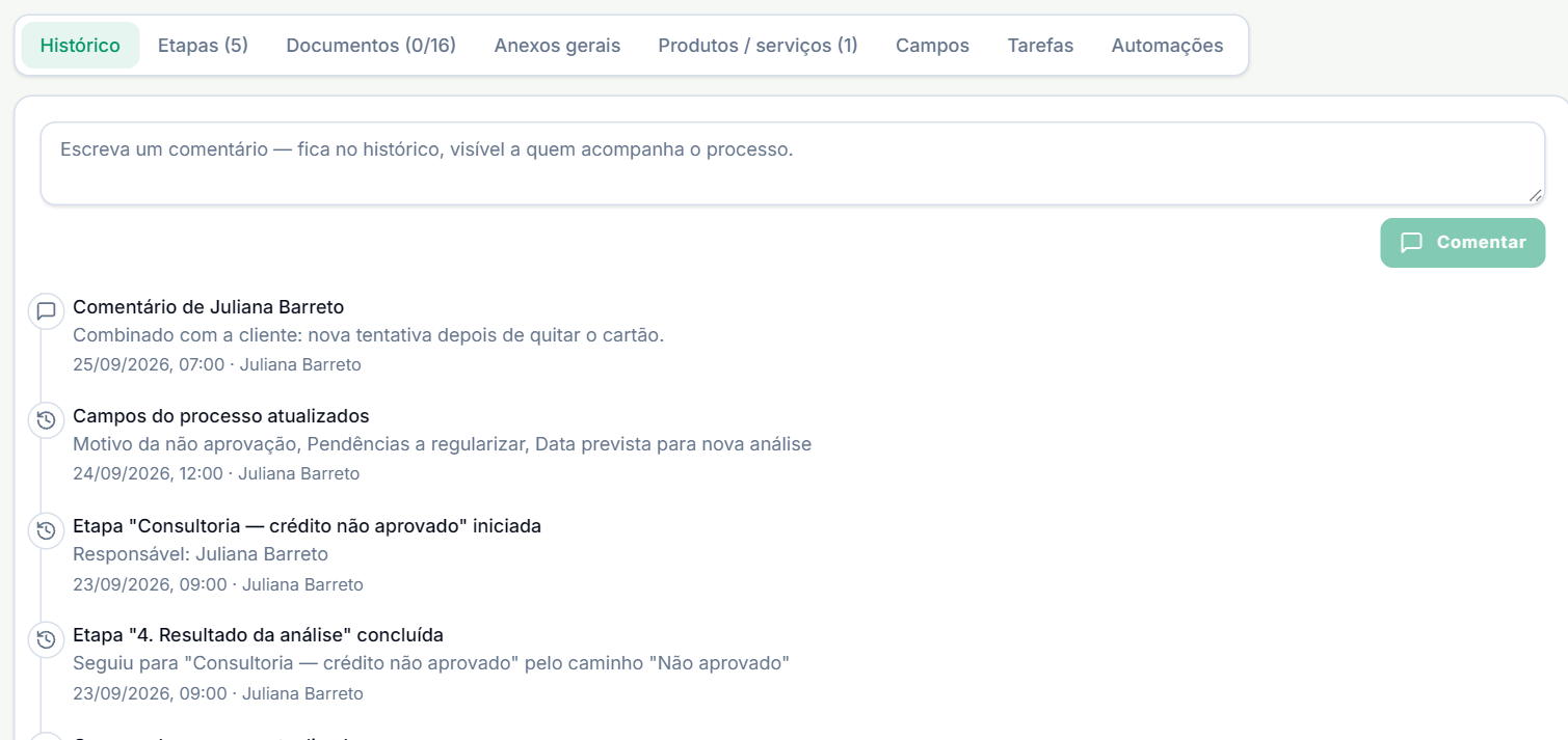 Aba Histórico com um comentário e as etapas concluídas