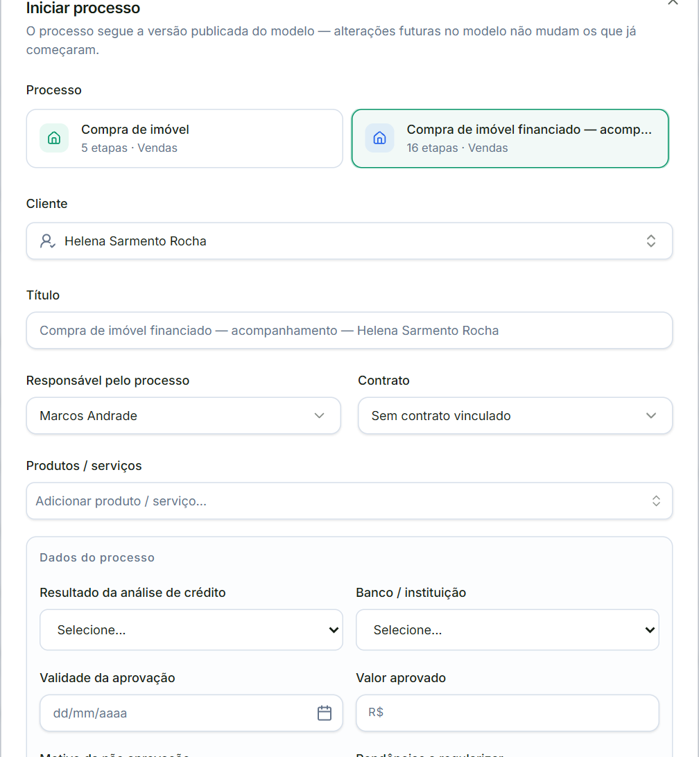 Janela Iniciar processo com o modelo, o cliente, o responsável e os dados do processo