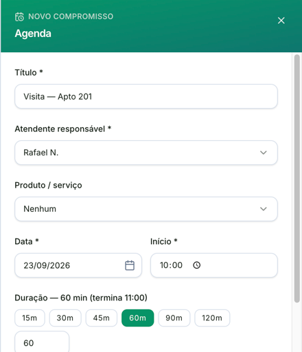 Formulário Novo compromisso preenchido com o título Visita — Apto 201, o atendente responsável, Produto / serviço em Nenhum, a data 23/09/2026, início às 10:00 e duração de 60 minutos