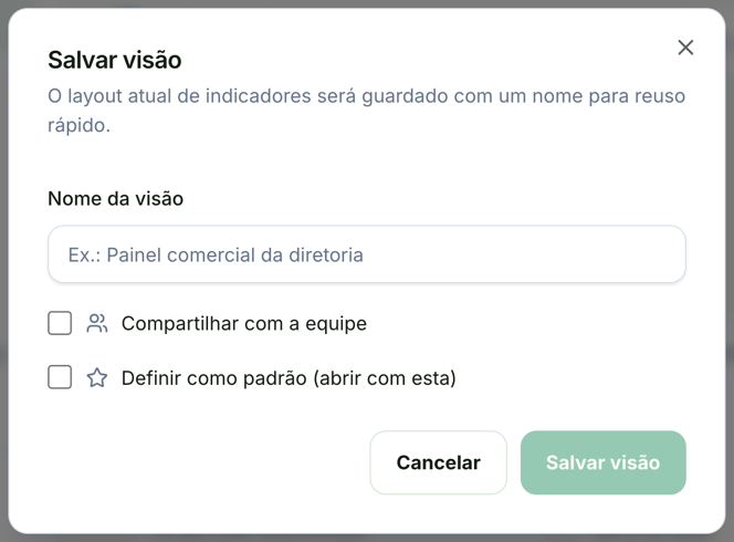 Janela Salvar visão com o campo Nome da visão, as opções Compartilhar com a equipe e Definir como padrão (abrir com esta) e os botões Cancelar e Salvar visão