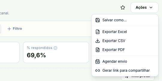 Menu Ações aberto com Salvar como, Exportar Excel, Exportar CSV, Exportar PDF, Agendar envio e Gerar link para compartilhar