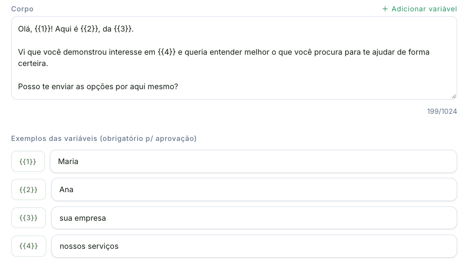 Campo de corpo preenchido, contador de caracteres e os exemplos de cada variável