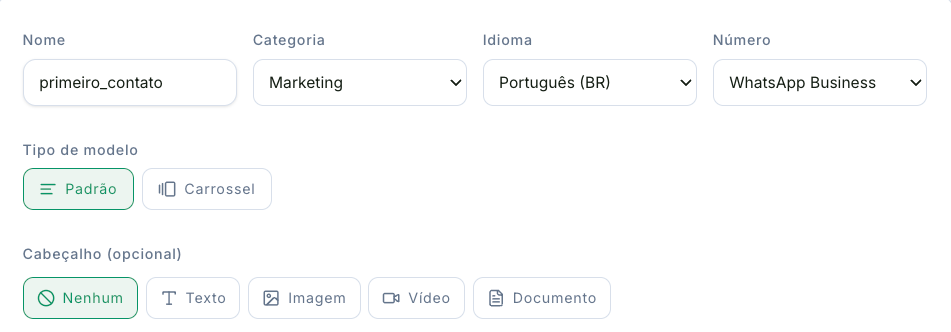 Campos de nome, categoria, idioma, número, tipo de modelo e cabeçalho